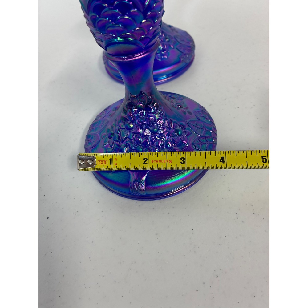 Fenton Cobalt Blue Carnival Glass Forget Me Not Candlestick Holders Pair 5.5in - Picture 7 of 8